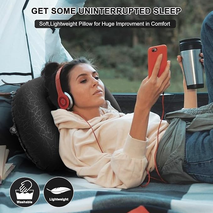 Inflatable Camping Pillow, Travel Blow Up Air Pillow, Neck Lumbar Support Ultralight Compact Pillow for Outdoor Hiking Backpacking Car Beach Airplane Sleeping Essentials, Black