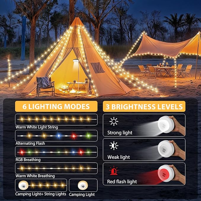 Camping String Lights, 4 in 1 Quick Storage Camping Essentials Gear 32.8FT Rechargeable Tent Lights with 9 Modes Hanging Waterproof LED Camp Lamp for Hiking Patio Awning Garden Halloween Xmas Festival