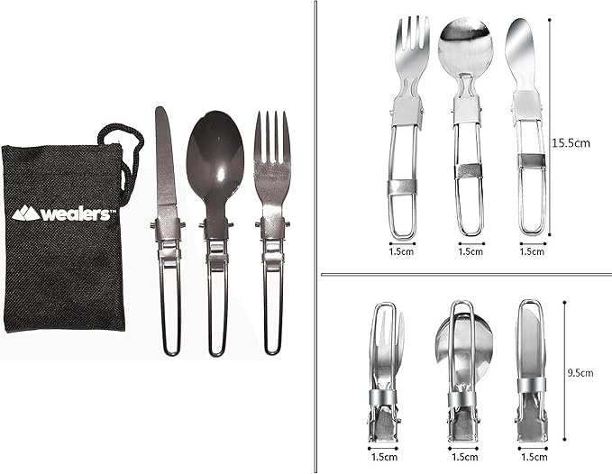 Wealers Stainless Steel 3 Piece Folding Camping Picnic Cutlery Utensil Set, Spoon Fork Knife,