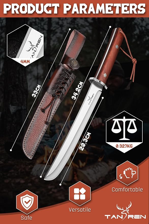 TAN REN Tanto Knife Fixed Blade, 8 Inch Survival Knives with Wooden Handle, Japanese Fixed Blade Knife with Sheath for Camping, Outdoor, Gift Knives for Men