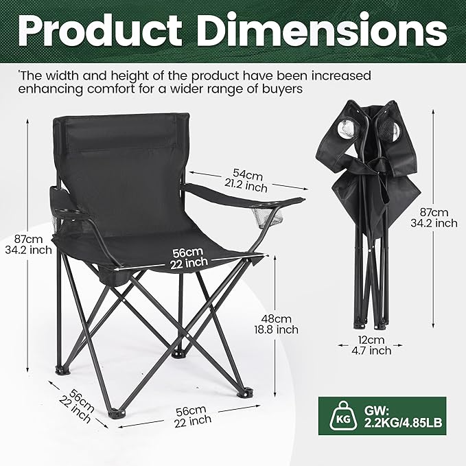2 Pack Camping Chairs -Lightweight and Supportive Chairs for Adult and Lightweight Individuals - Compact, Durable, and Portable - Ideal for Camping, Hiking, Beach, and Picnics -Carry Bag