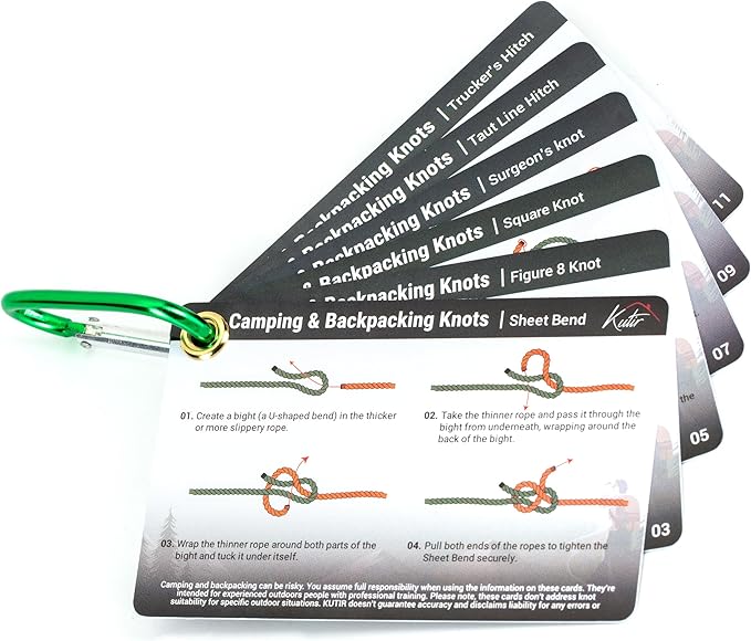 Outdoor Knots Mastery Guide - Essential Backpacking, Scouting & Camping 12 Portable Pocket Size Knot Cards - Waterproof Portable Reference with Mini Carabiner, Regular