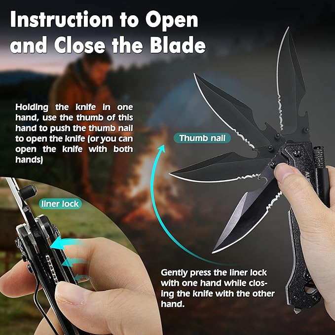 7-in-1 Tactical Survival Knife - Glass Breaker, Seatbelt Cutter, Serrated Steel Blade, Firestarter, LED Flashlight, Bottle Opener & Pouch | Military, Emergency, Outdoor Rescue Gear (Black)