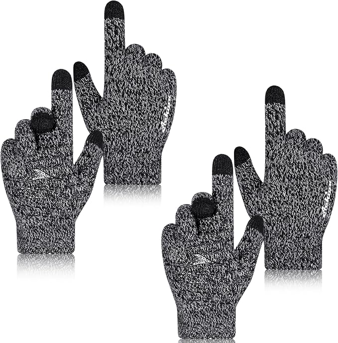 Achiou Winter Gloves for Men Women, 2 Pairs Touch Screen Texting Warm Running Gloves Thermal Soft Knit Lining, Elastic Cuff