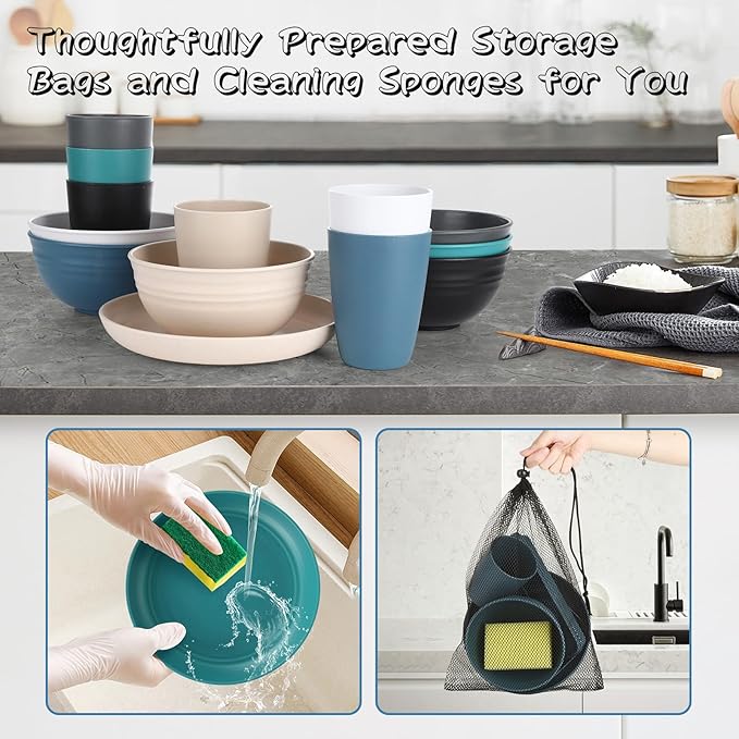 Wheat Straw Dinnerware Sets,48 Piece Unbreakable Dinnerware Sets,Reusable Wheat Straw Plates and Bowls Sets of 6 Person,Camping Mess Kit for Travel,Camping Essentials,Picnic,Home,Party