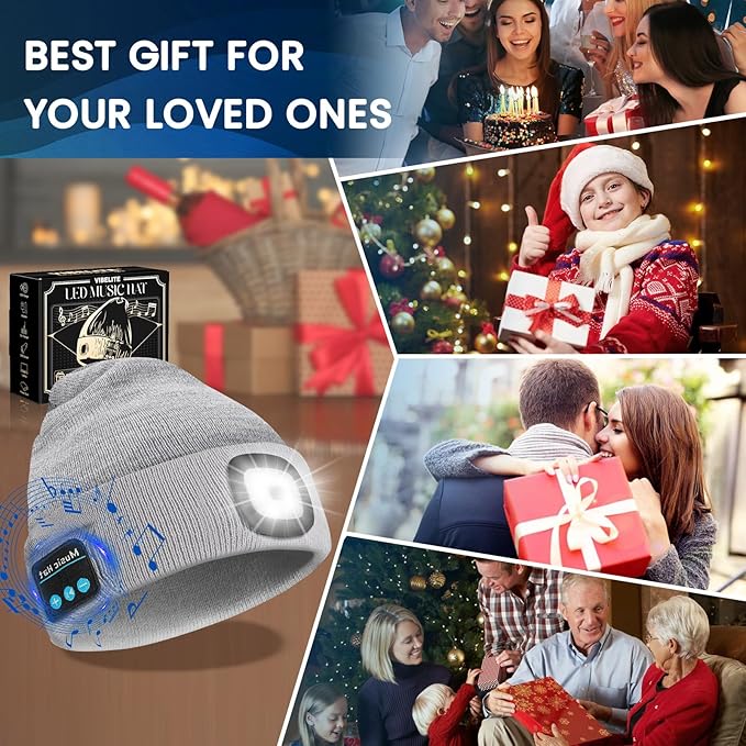 VIBELITE Bluetooth Beanie Hat with Light, USB Rechargeable LED Headlamp with Wireless Headphones, Gifts for Men, Him, Husband, Boyfriend, Grey