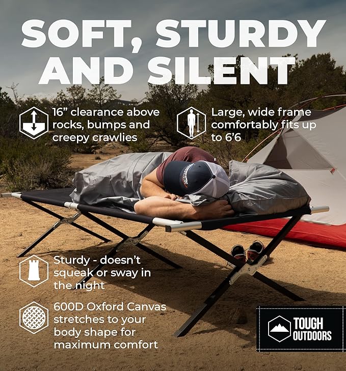 Tough Outdoors Camping Cot for Adults - Oversized Camping Cot - Durable Heavy Duty Military Bed - Elevated Foldable Cot & Camp Cots for Adults - XL Cot up to 300 lbs - w/Organizer & Storage Bag