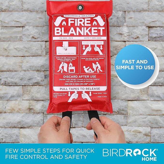 BIRDROCK HOME Fire Blanket for Home and Kitchen | Emergency Supplies for Small Fires | CE Safety Standard Approved | Fiberglass Fire Suppression, Mess-Free | Ideal for Camping Vehicle Kits | 2 Pack