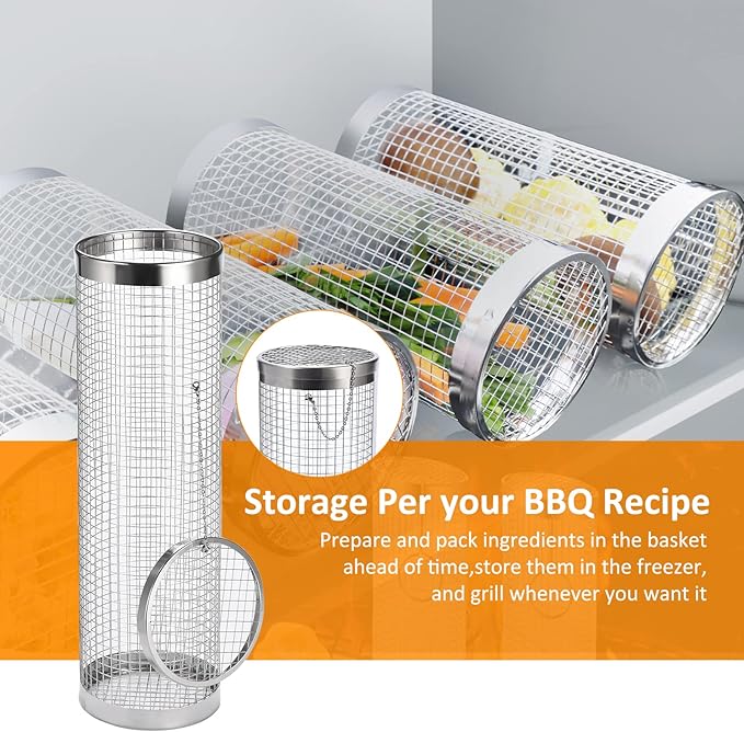 Rolling Grill Baskets (2PCS), Stainless Steel Grill Basket, Dishwasher Safe BBQ Grill Accessories Portable Grill Baskets for Outdoor Grill for Fish, Shrimp, Meat, Vegetables, Fries Outdoor Cooking Camping