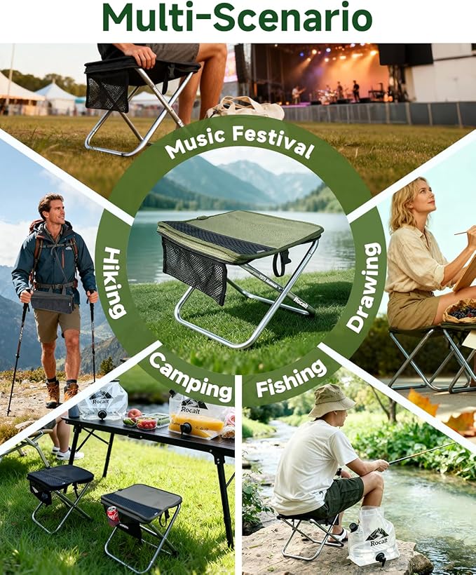 Rocalt Camping Portable Stool, Ultralight Folding Stool, Aircraft-Grade Aluminum Pocket Chairs for Adults, Outdoor Travel Stool, Fishing Chair with Built-in Storage Gag, Handbag Style