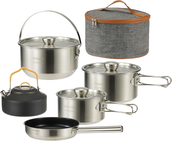 Camping Cookware Set 304 Stainless Steel 10pcs Pots & Pans,Kettle, Travel Mesh Bag for Camping, Trekking, Backyard Picnic & Backpacking Gear