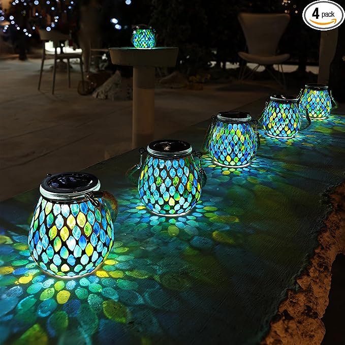 Cooo 4 Pack Mosaic Solar Lantern Outdoor Waterproof IP68 Hanging Projection Light Hidden Lid Pear-Shaped Lantern with Rope Handle Solar Powered Auto On for Patio Garden Fence Table - Azure Lattice