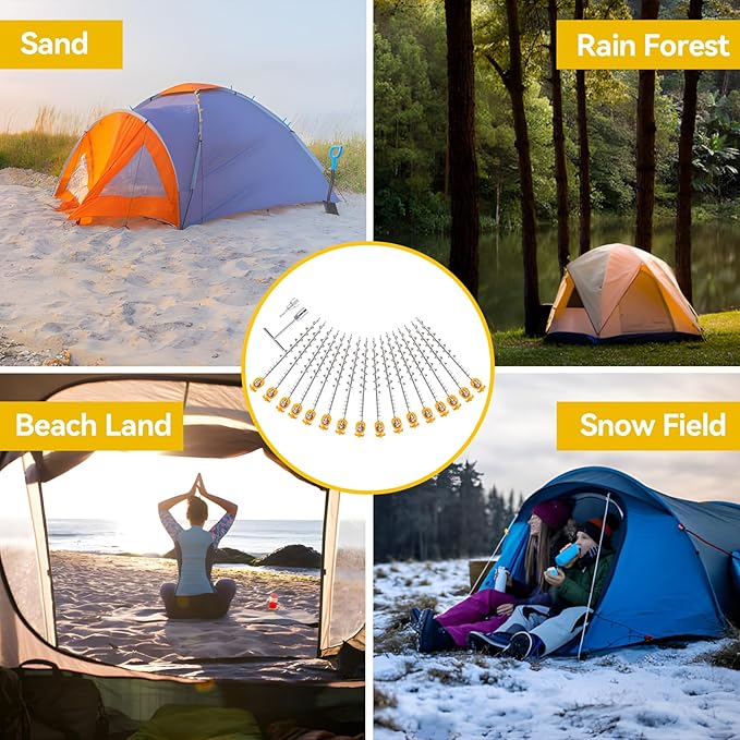16 PCS Screw in Tent Stakes for Women Men - Ground Anchors for Sand, Canopy, Trampolines, Camping Aluminium Heavy Duty Rust Prevention Pegs Drillable Lightweight Safe - Silvery 14 inch