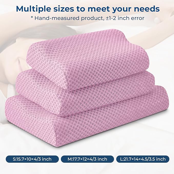 Travel Pillow Memory Foam Pillows, Ergonomic Wave Cervical Neck Pillow for Neck Pain Relief, Compressible Medium Firm Side Sleeper Pillow, Ideal for Camping, Office, Home & Bed (Pink, S)