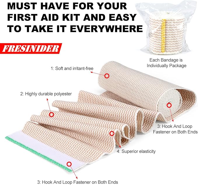 FRESINIDER Premium Elastic Bandage Wrap, 4 Pack 6" Cotton Latex Free Compression Bandage Wrap with Touch Closure at Both Ends, Support & First Aid for Sports, Medical, and Injury Recovery