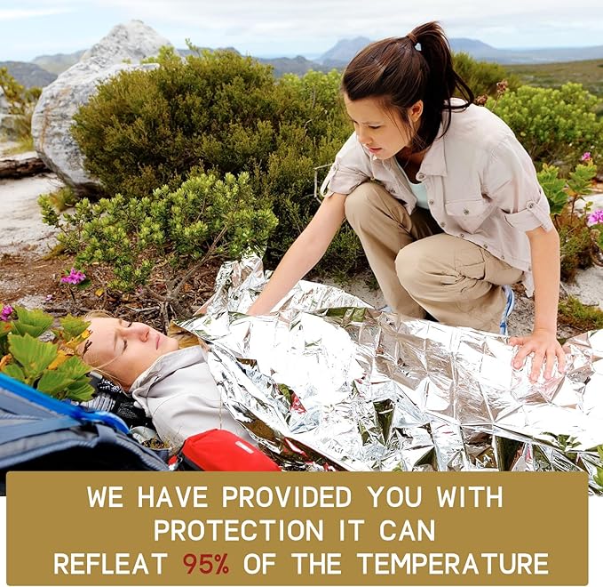 Macarrie Emergency Blanket Bulk Survival Thermal Silver Foil Reflective Blankets Pack for Cold Outdoors Camping Hiking First Aid Shelter Space Emergency Supplies Set