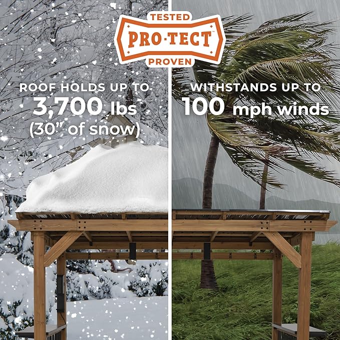 Backyard Discovery Saxony XL 12' x 6' Cedar Wood BBQ Grill Gazebo Pavilion with Hardtop Galvanized Steel Roof, Bar Tops, Powerport, Snow Support, Wind Resistance, Cook Station for Outdoor Patio, Deck