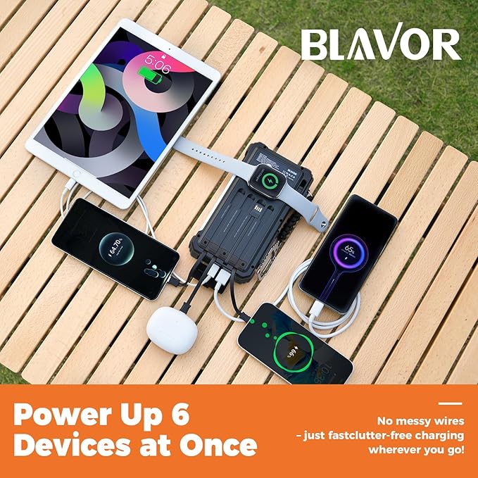 BLAVOR Solar Power Bank 20000mAh/74000mWh Built-in Cables, Wireless Charger for Apple Watch, 20W Fast Charging Battery Pack with USB C, Flashlight, Solar Charger for iPhone, iPad, iWatch, Samsung