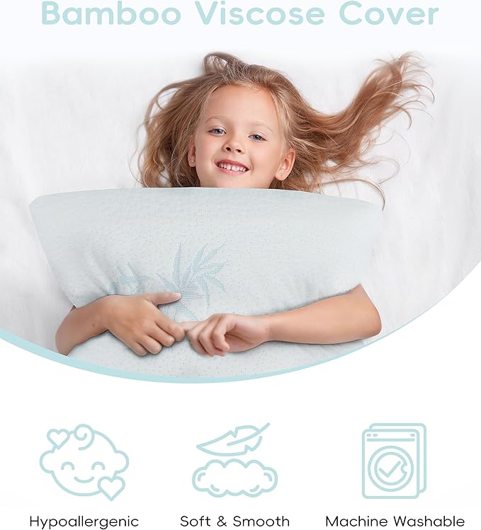 Toddler Pillow, Adjustable Memory Foam Small/Mini Pillow for Toddler 2 Years & Above, for Kids Sleeping, Napping or Traveling, Washable No Zipper Pillowcase, 13” x 18”, Blue