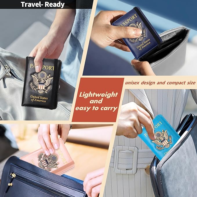 2 Pcs Passport Holder for Travel with Card Slot RFID Blocking Leather Family Passport Wallet Travel Accessories for Men and Women (Blue and Black)