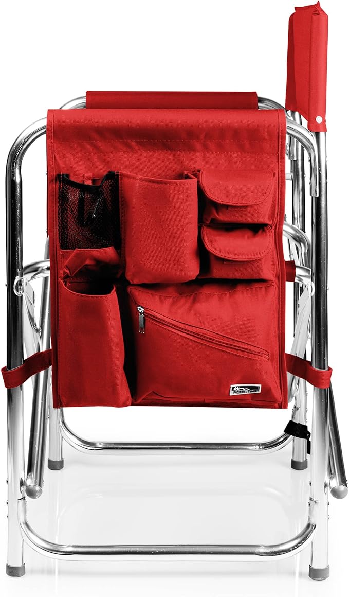 PICNIC TIME Sports Chair with Side Table, Outdoor Foldable Padded Adult Camping Chairs with Cup and Accessory Panel for Lawn, Beach, & Sports Use for Adults, up to 300-lbs Capacity, (Red)