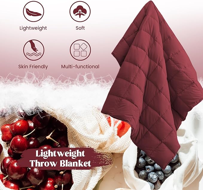 puredown® Soft Feather Down Throw Blanket Lightweight Packable Couch Throw for Indoor and Outdoor Use, 50"X70", Wine