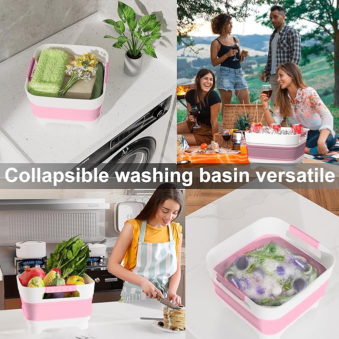 2.4 Gal Collapsbile Wash Basin with Drian Plug,9L Dish Pan for Soaking Baby Bottles,Portable Sink, Multiuse Foldable Bucket,Ice Beverage Tubs for Camping, Vegetable Washing, RV (Pink)