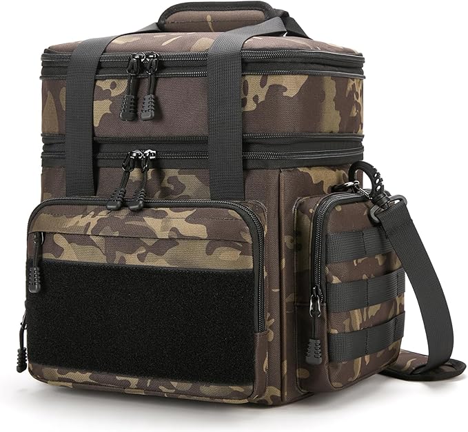 Tactical Lunch Box for Men, Insulated Bag Adult, Thermal Lunchbox Leakproof Waterproof Cooler Bag, Dual Compartment Tote, Large Pail Work Office Camping Travel(Black Camo)