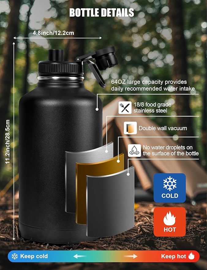Tactical Half Gallon Water Bottle with Straw, 64 oz Insulated Water Jug with Molle Sleeve, Stainless Steel Sport Bottle with 3 BPA Free Lids for Gym Workout Hiking (Black, 64OZ)