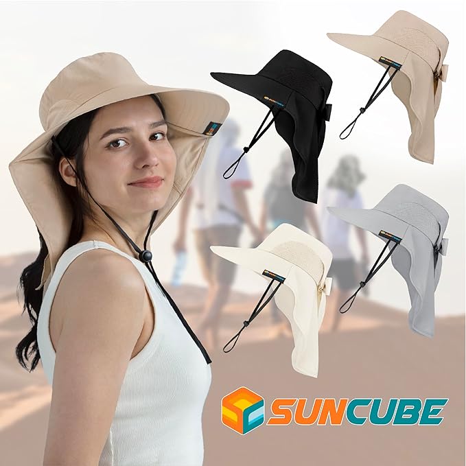 SUN CUBE Wide Brim Sun Hat with Neck Flap, UPF50+ Hiking Safari Fishing Hat for Men Women, Sun Protection Beach Hat