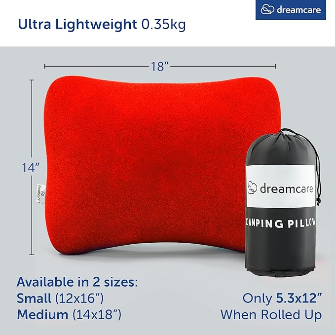 DREAMCARE Camping Pillow, Memory Foam Travel Pillow, Camping Accessories - Small Pillow Camping Essentials Camping Pillows for Sleeping, Backpacking Pillow, Travel Pillows for Sleeping (Small,Red)