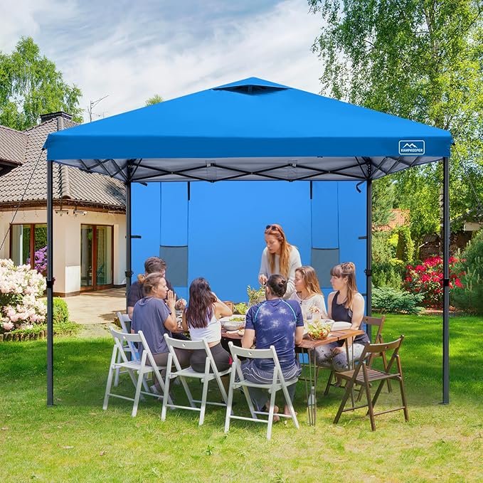 KAMPKEEPER 10x10 Pop Up Canopy Tent with Sidewall - Easy Setup Sun Shelter, Outdoor Shade with Vented Roof for Backyard | UV & Rain Portable Instant Camping Beach Canopy Tents (Light Blue)