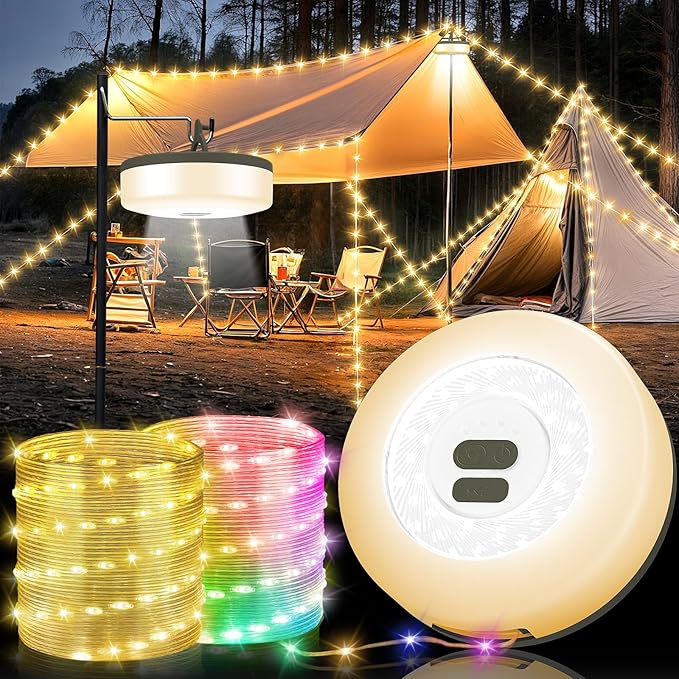 Camping String Lights, 4 in 1 Quick Storage Camping Essentials Gear 32.8FT Rechargeable Tent Lights with 9 Modes Hanging Waterproof LED Camp Lamp for Hiking Patio Awning Garden Halloween Xmas Festival