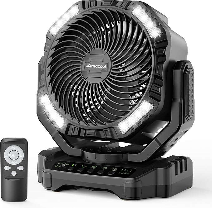 AMACOOL 20000mAh Rechargeable Camping Fan, Battery Operated Fan with Light, 68Hrs Work Time, 4 Speed, Auto Oscillating Outdoor Fans with Hook for Tent RV Car Travel Emergency Power Outages