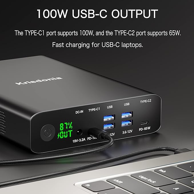 Krisdonia Portable Charger, PD 100W USB C Power Bank 64000mAh Fast Charging External Battery Pack with Dual USB-C PD (100W&65W) & 4 USB-A (QC3.0 18W) for Type-C Laptops, MacBook Pros, XPS, iPad Pro