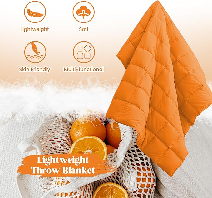 puredown® Soft Feather Down Throw Blanket Lightweight Packable Couch Throw for Indoor and Outdoor Use, 50"X70", Orange