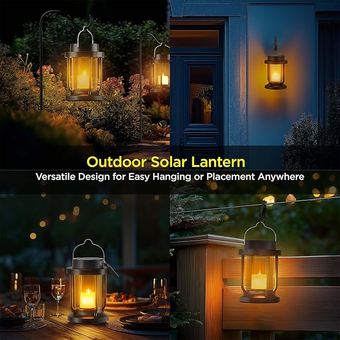 Solar Lantern Outdoor & Indoor Use – Hanging Solar Lights with Realistic Flickering Flameless Candle, Weatherproof for Gardens, Patios, Trees, and Lawns (Black + Amber, 2 Pack)