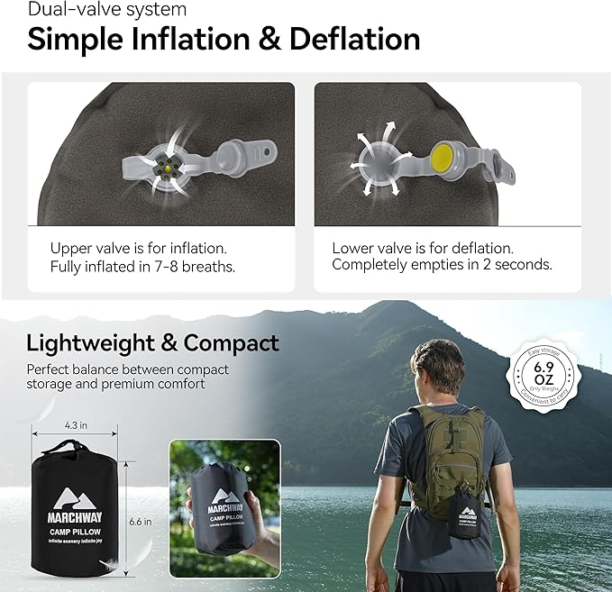 MARCHWAY Inflatable Camping Pillow with Soft Foam Top & TPU Air Bladder, Dual-Sided Support for All-Season, Lightweight Compact Travel Pillow for Hiking, Backpacking, Airplane, Car (Black)