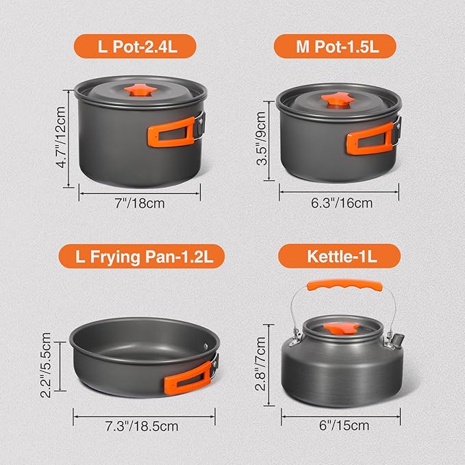 REDCAMP 6/10/11/12/14/15/19 PCS Camping Cookware Mess Kit Camping Gear Campfire Utensils Lightweight Stackable Pot Pan Bowls Soup Spoon with Storage Bag for Camping, Backpacking, Outdoor Cooking