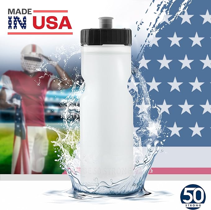 50 Strong Sports Water Bottles – Reusable 22 oz BPA-Free Plastic Bottles with Pull Top Cap – Made in USA – Top Rack Dishwasher Safe – Fits Most Bike Cages Brand