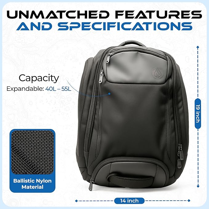6-in-1 Traveler Backpack – Convertible Carry-On Travel Bag, Expandable 40–55L Storage, Ergonomic Design with Drink Holders & Padded Laptop Pocket, Weather-Resistant Ballistic Nylon, Black