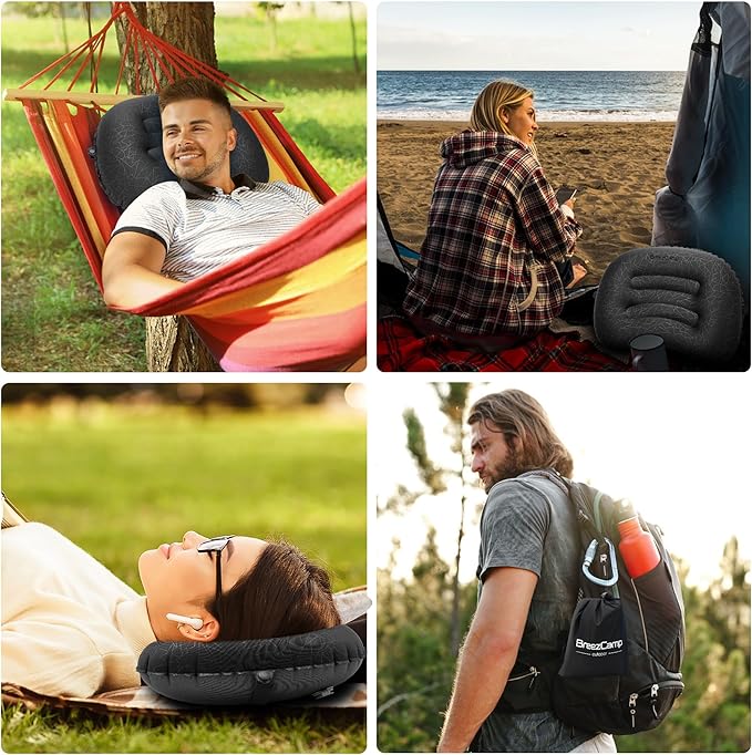 Inflatable Camping Pillow, Travel Blow Up Air Pillow, Neck Lumbar Support Ultralight Compact Pillow for Outdoor Hiking Backpacking Car Beach Airplane Sleeping Essentials, Black