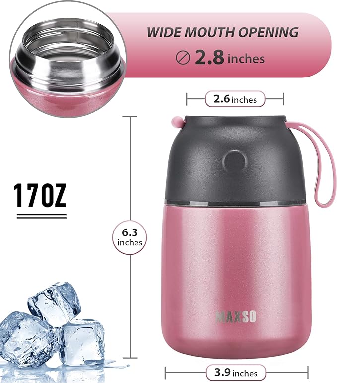 Insulated Food Jar for Hot & Cold Food for Kids Adult,17 oz Soup Thermo Hot Food Containers for Lunch, Triple Layer Insulation Stainless Steel Food Jar with Spoon (Pink)