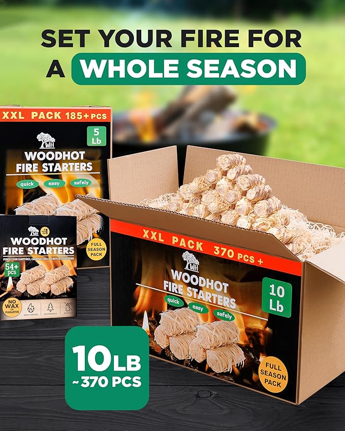 WH 370 pcs Natural Fire Starters for Campfires & Grill - 10lb Large Box - Long-Burning Charcoal Starters - Odorless Firestarters for Outdoor Fire Pit, Fireplace - Quick Ignite