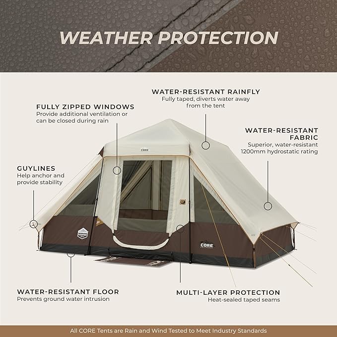 CORE Instant Cabin Tent with LED Lights | Large Family Lighted Pop Up Tent with Carry Bag for Camping, Glamping, and Backyard Adventures | Included Storage Pockets for Camp Accessories