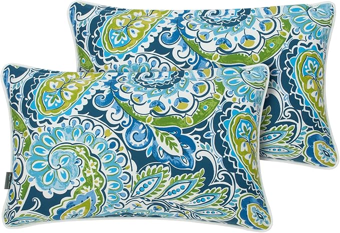 Magpie Fabrics Pack of 2 Outdoor Waterproof Lumbar Rectangular Throw Pillow with Insert, Home Decorative Toss Pillows All Weather Cushion for Patio Garden Car Office (12x20 Inch, Paisley Lapis Green)
