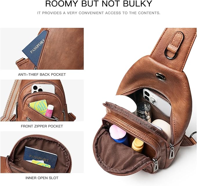 7L Sling Bag For Women Faux Leather Anti Theft Small Casual Daypack Backpack Fanny Pack Crossbody Chest Bags Purse Waterproof Brown