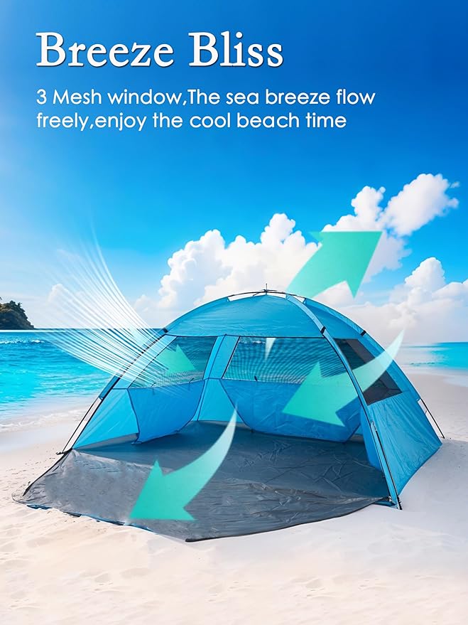 Easy Set-Up Beach Tent - UPF 50+ Sun Shelter for Family (2-3 Person), Portable Instant Sun Shade with 3 Mesh Windows, Windproof Stakes & Storage Pockets, for Beach, Camping, Picnics