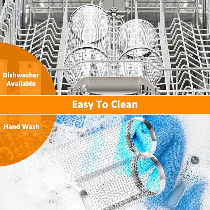 Rolling Grill Baskets (2PCS), Stainless Steel Grill Basket, Dishwasher Safe BBQ Grill Accessories Portable Grill Baskets for Outdoor Grill for Fish, Shrimp, Meat, Vegetables, Fries Outdoor Cooking Camping