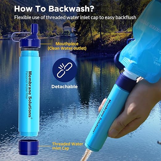Membrane Solutions Squeezable Water Filtration System, Survival Water Purifier Kit, Portable Backpacking Gear Including Water Filter Straw and 23oz Collapsible Bottle for Hiking Camping Travel(1+6)